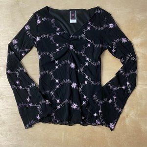 Y2K Black Sheer Sleeved Purple Floral Embroidered V-neck Long Sleeve Women's S